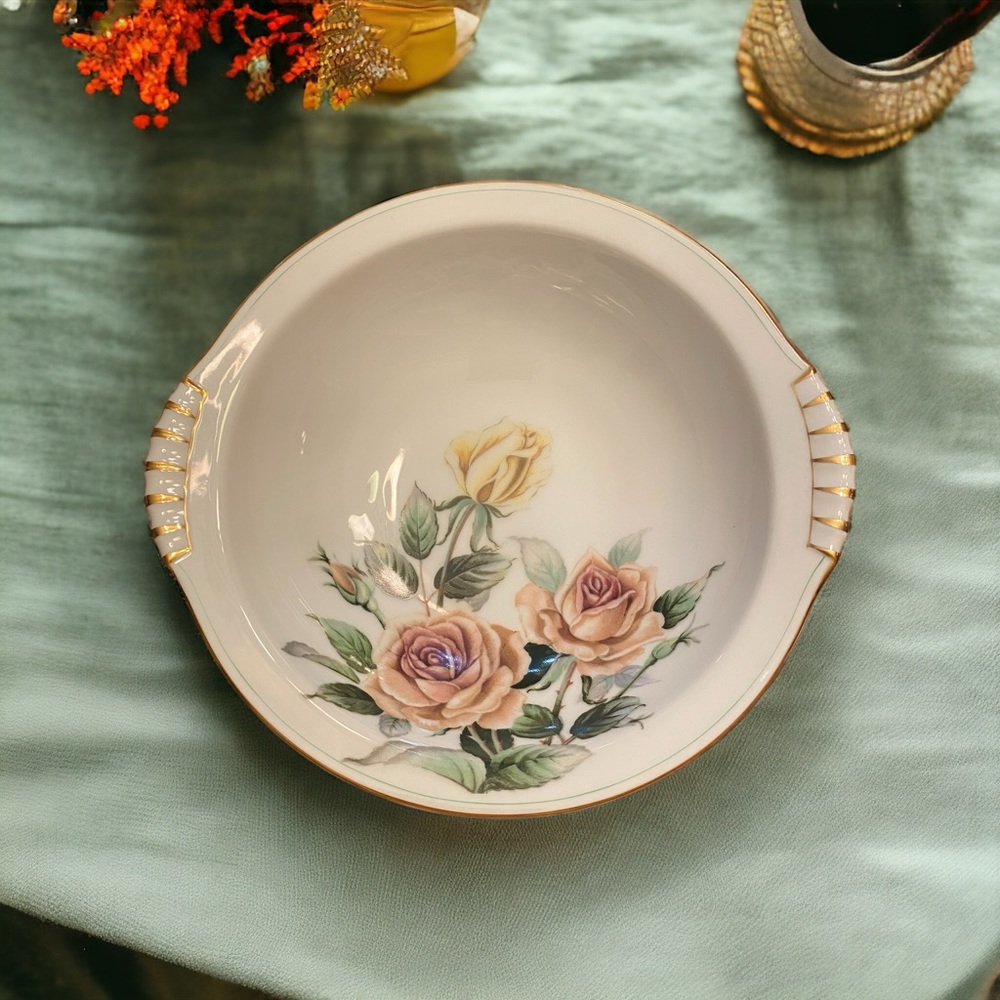 Vintage Kent China Trio Pattern Oval Serving Bowl Roses Gold Trim